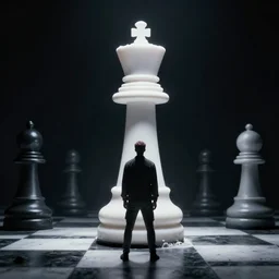 man standing in front of giant chess piece, dark, atmospheric, digital art