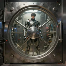 an impenetrable vault door, detailed digital illustration by greg rutkowski, cyberpunk, android netrunner