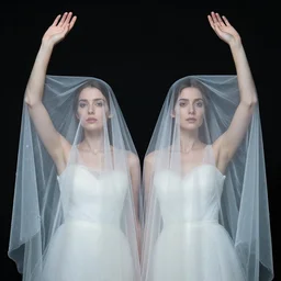 ! dream portrait women twins wearing wedding veils, raised hands, translucent wedding gowns by zdzisław beksinski