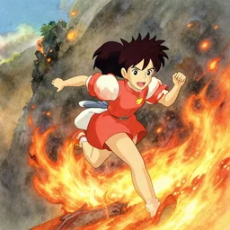 a wholesome animation key shot of nausicaa escaping an approaching fire storm, studio ghibli, pixar and disney animation, sharp, disney concept art watercolor illustration by mandy jurgens and alphonse mucha and alena aenami, pastel color palette, raging fire, bright hot glowing embers float, bloom, dramatic lighting