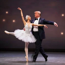 professional photograph of donald trump dancing in a ballet, bokeh focus, beautiful ballerina trump