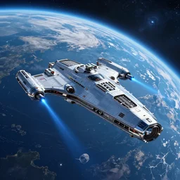 A hi-tech chrome-plated curve-shaped long combat spaceship with blue laser weapons flying to the Earth through a blue space nebula, realistic 4k octane beautifully detailed render, 4k post-processing, highly detailed, intricate complexity, epic composition, magical atmosphere, cinematic lighting, masterpiece, ultra hd