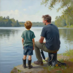 painting of dad and son thinking together in boot on a calm lake, by pino daeni