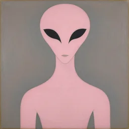 portrait of a pink alien with minimalistic and aesthetic geometric shapes and patterns, muted color palette, symmetric, symbolist, abstract, spiritual art, painting by hilma af klint