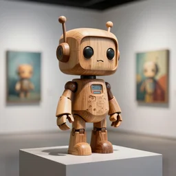 3 d octane render 8 k photorealistic hyper detailed a wooden statue on a pedestal cute robot wooden, cyberpunk concept art contemporary art gallery
