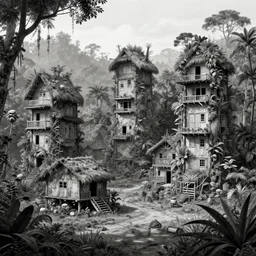 long and tall organic houses, village, jungle, black and white, year 1 9 0 0, artstation, digital art