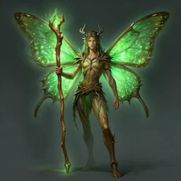 woodnymph male druid thorns butterfly wings, holding wooden staff, green glow, artstation, fantasy, greg rutkowski