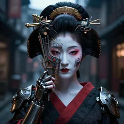 a hyper realistic stunningly cyborg tradition geisha photograph, covering face with a intricate sci - fi fan, in a dark street, metal gear solid, dark moody backlighting, ray tracing, octane render,