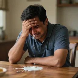 Indian dad crying and sitting while looking at spilled milk on his wooden table, photo dslr
