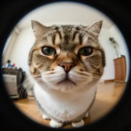 fisheye view of super fat annoyed cat
