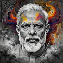 Narendra Modi , colorful painting on grey scale face, powerful , magic, thunders, dramatic lighting, intricate, wild, highly detailed, digital painting, artstation, concept art, smooth, sharp focus, illustration, art by artgerm and greg rutkowski and alphonse mucha, footage