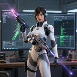 nvidia render demo, raytracing demo, woman in futuristic jumpsuit holding laser rifle, beautiful rendered scene