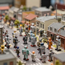 high quality presentation photo of a a detailed miniature diorama of retro toy robots invading a detailed model of a 1 9 5 0 s town, photography 4 k, f 1. 8 anamorphic, bokeh, 4 k, canon, nikon