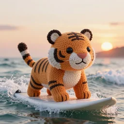 a closeup photorealistic photograph of a smiling cute knitted tiger hippopotamus riding a large wave during sunset. surf in the background. professional capture. brightly lit scene. this 4 k hd image is trending on artstation, featured on behance, well - rendered, extra crisp, features intricate detail, epic composition and the style of unreal engine.