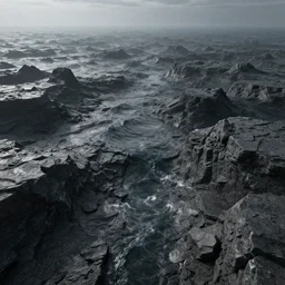 an expansive ocean sculpted from dark stone, fantasy concept art