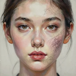 a painting of a beautiful face that's been scribbled out in biro. in the style of noriyoshi ohrai, trending on artstation, highly detailed, ultrarealistic, digital art