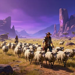 Cyberpunk cowboys herding sheep in a No Man's Sky landscape