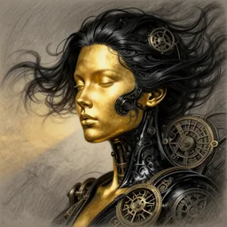 epic pencil drawing illustration, gold bodypaint, neobrutalistic, digital abstract sculpt of beautiful female face and black swirling latex acrylic portrait, black latex sculpt, minimalism, mechanical superstructure, strong wind, sacred geometry, 8 k, cinematic, magic hour, beautiful light, sculpture of carving marble, dark colors, filigree ornaments, one point light, clockwork,