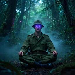 soldier in vietnam era clothes, meditating above the ground in a dense jungle, eyes are bright lights, mystical fog surrounds them, spooky ((((neon colors))))