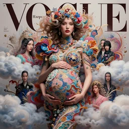 pretty pregnant model with clouds : : by martine johanna and simon stalenhag and chie yoshii and casey weldon and wlop : : ornate, dynamic, particulate, rich colors, intricate, elegant, highly detailed, vogue, harper's bazaar art, fashion magazine, smooth, sharp focus, 8 k, octane render