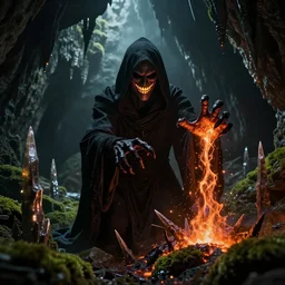 sinister hooded figure with a glowing gleaming smile talon like hands polydactyly spewing orange lava out of the palm in a cave with shining fluorescent cave moss and sharp stalagmites in the style of bloodborne