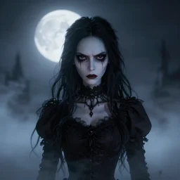 full shot portrait of angry darkness anime girl at moonlight, gothic wearing, worrying eyes,by Tim Burton, detailed, unreal engine 4k volumetric light, dense fog,