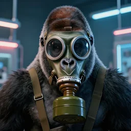 high quality photo of A gorilla wearing a world war 2 gas mask in a lab with neon lights, realism, 8k, award winning photo