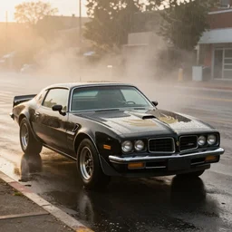 parked black Pontiac Firebird Trans Am from Knight Rider, fog, rain, volumetric lighting, beautiful, golden hour, sharp focus, ultra detailed, cgsociety