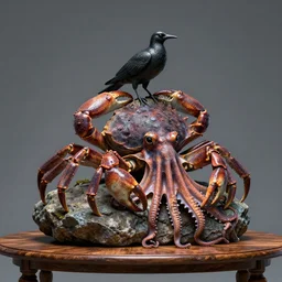 by wesley burt and basil gogos, visually stunning, cinematic, ultra realistic, hyper realism, 1 2 k, epic, octane render, unreal engine, vfx, maya, a sculpturesque : subocean sculpture of a crab on a rock, calciferous black bird sitting on top of a wooden table : a cephalopod