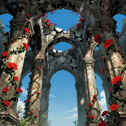 broken arches leading to the pillars of eternity draped with red flowers and vines, blue sky, lens flare, a sense of mystery, cinematic, ultra detailed, intricate, sharp focus, trending on artstation, 8K, comic book illustration by Moebius