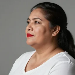 portrait of a middle - aged, chubby mexican woman in profile, red lips, white background, dynamic, ultra detailed, 4 k, illustration, by kehinde wiley, kadir nelson, jason seiler
