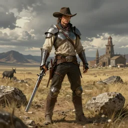 full body character portrait of a gunslinger / paladin in the style of wild west art in the style of high fantasy art trending on artstation deviantart pinterest detailed high resolution hd 8 k