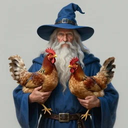 concept art character design portrait of wizard with a long white beard and a wizard hat holding a pet chicken, wearing a blue robe, dungeons and dragons, by Larry Elmore and John Howe and Alan Lee, trending on ArtStation, detailed, realistic