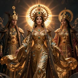 queen of the dawn mountains with her regalia, by Annie Swynnerton and Nicholas Roerich and jean delville, dramatic cinematic lighting , ornate headdress , flowing robes, lost civilizations, extremely detailed