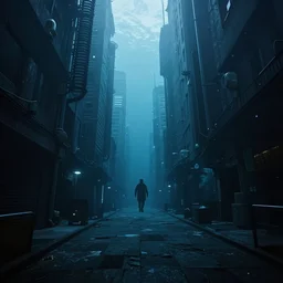 underwater city with ghosts roaming the empty streets between the tall skyscrapers, cinematic, dramatic lighting