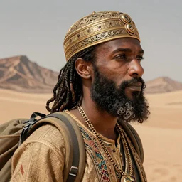 forest whitaker ancient libyan, olive skin, curled beard, trecking, desert, mountain, intricate, elegant, highly detailed, artstation, sharp focus, illustration, orientalism, bouguereau, mandy jurgens, rutkowski, mucha
