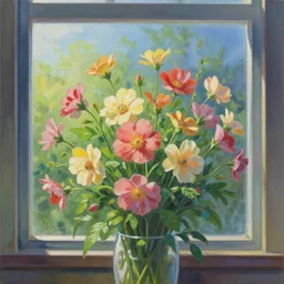a painting of flowers in front of a window, a photorealistic painting by makoto shinkai, cgsociety, photorealism, detailed painting, rendered in unreal engine, photorealistic