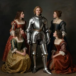 dynamic fullbody portrait of a beautiful!!! female knight donning her armor with the help of two young maids, renaissance dresses and mood, by greg rutkowski and gaston bussiere and craig mullins and j. c. leyendecker