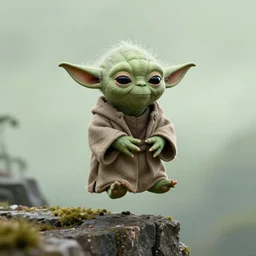 a photograph of yoda meditating and floating over a cliff