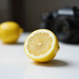 an lemon made of solid crystal is sitting on the white table, clear focus, bokeh effect, high res, hasselblad, dslr, professional, cinematic
