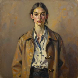 portrait in daring femininity, ethnic, realistic face sculpted features, thin and statuesque model, street outfit with layered shirts, polkadot, jacket with buckles, warm glow, bathed in light, chiaroscuro, specular highlights, angular impressionism, patina, natural color scheme, earthy tones, modern fashion, contemporary art, oil on canvas