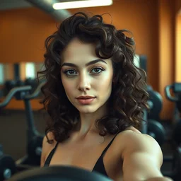small chin mona lisa female influencer in gym instagram selfie photo staring at camera with curly hair in gym photo by annie leibovitz # gym # photography # beauty