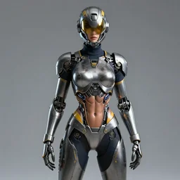 a fullbody portrait of a cyborg gal : : in a steel mechsuit with dark yellow accents, toned mechanical abs, exposed mechanical waist, long sleeves, turtleneck, robotic parts, sci - fi masked helmet, breastplate : : art, real lighting, sci - fi, hd : :