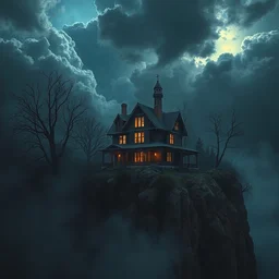 in the style of jeremy lipking, dean cornwell : : lighting, clouds, storm : : night time : : stunning, spooky haunted house on a cliff : : cinematic lighting : :