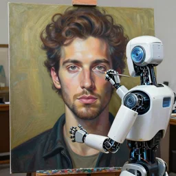 robot artist painting a self - portrait on a canvas. intricate, highly detailed, digital matte painting, in the style of alexandros pyromallis, and in the style of sachin teng, and in the style of hans thoma, and in the style of luis royo. irony, recursion, inspiration.