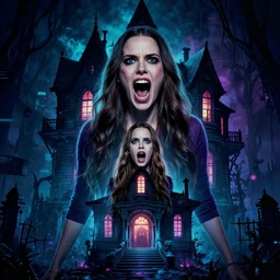 a movie poster, horror movie staring miranda kerr screaming, haunted house themed, by synthwave cyberwave