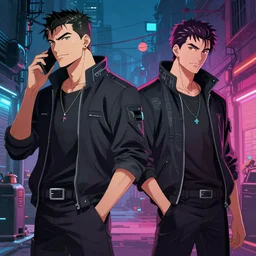 two cyberpunk businessmen, detailed digital illustration by greg rutkowski, cyberpunk back alley, nighttime, colorful lighting