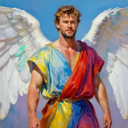 portrait of chris hemsworth as an angel, robes, vivid colors, photorealistic painting by mandy jurgens, trending on artstation, photorealism, detailed painting, behance hd, hyper realism