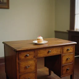 a cupcake on an old oak desk in an empty room, photograph from 1 8 9 0