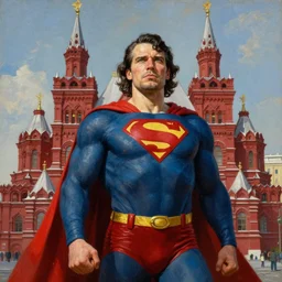 stalin as superman red son standing triumphantly in the red square ( moscow ), socialist realism, oil painting masterpiece, photorealistic, detailed picture, intricate digital art, trending artstation, rich moody colors, fan art, concept art, artgem, 8 k ultra high definition